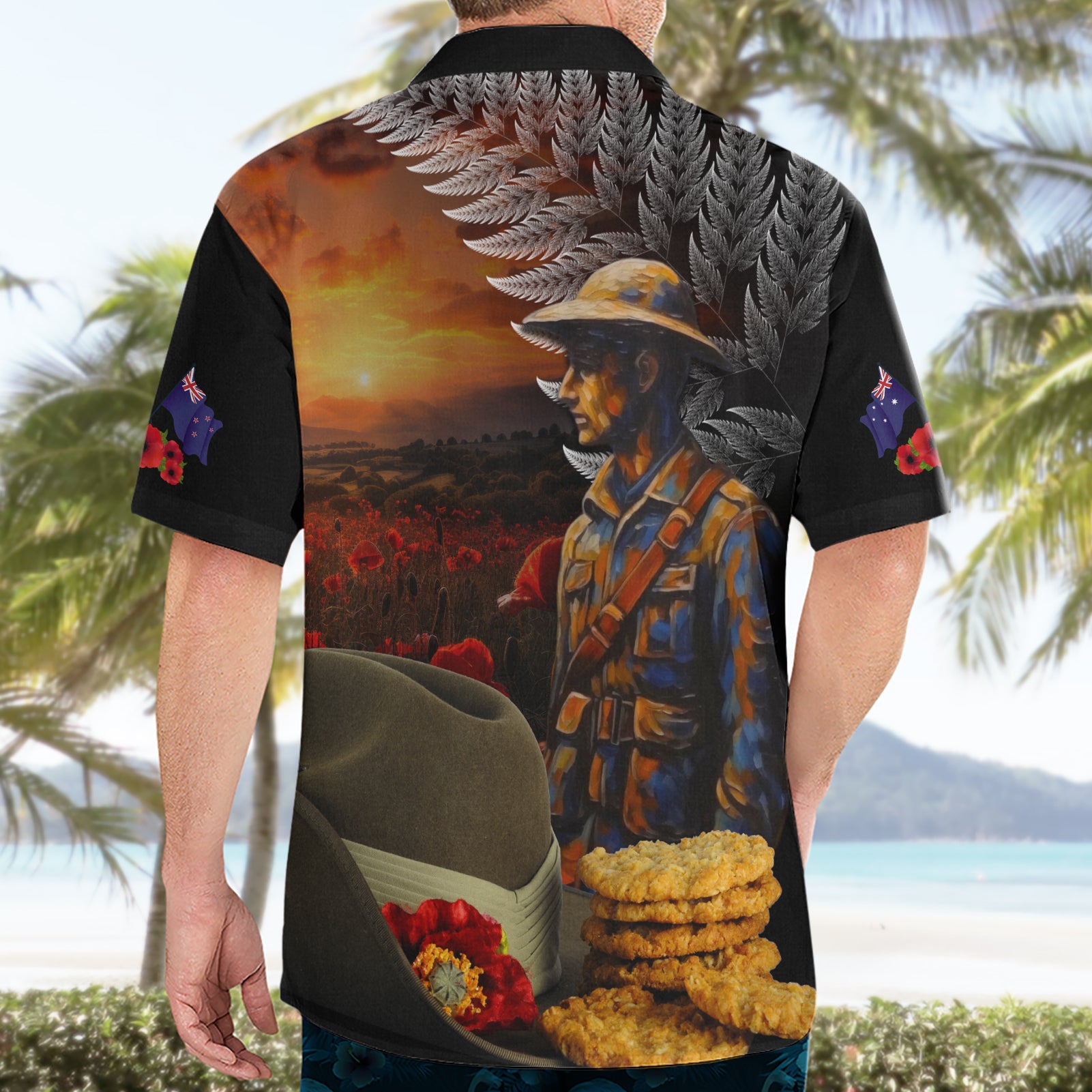 Slouch Hat and Biscuits ANZAC Hawaiian Shirt with Soldier Silver Fern - Vibe Hoodie Shop