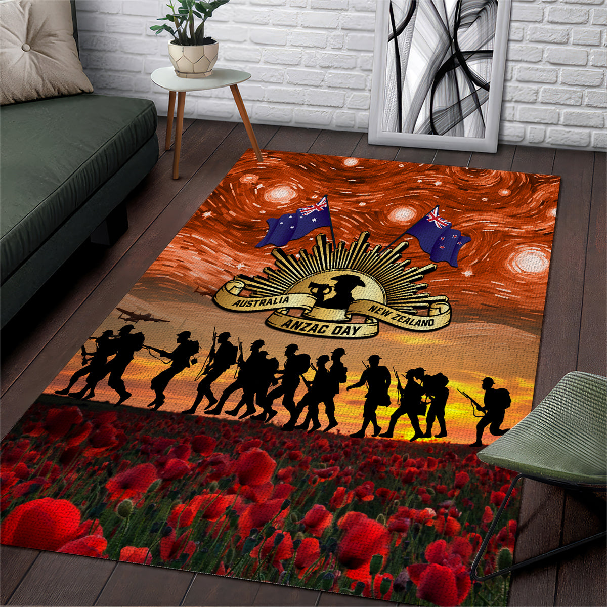 The Rising Sun Badge ANZAC Area Rug Last Post Field of Poppy Starry Night Style - Vibe Hoodie Shop