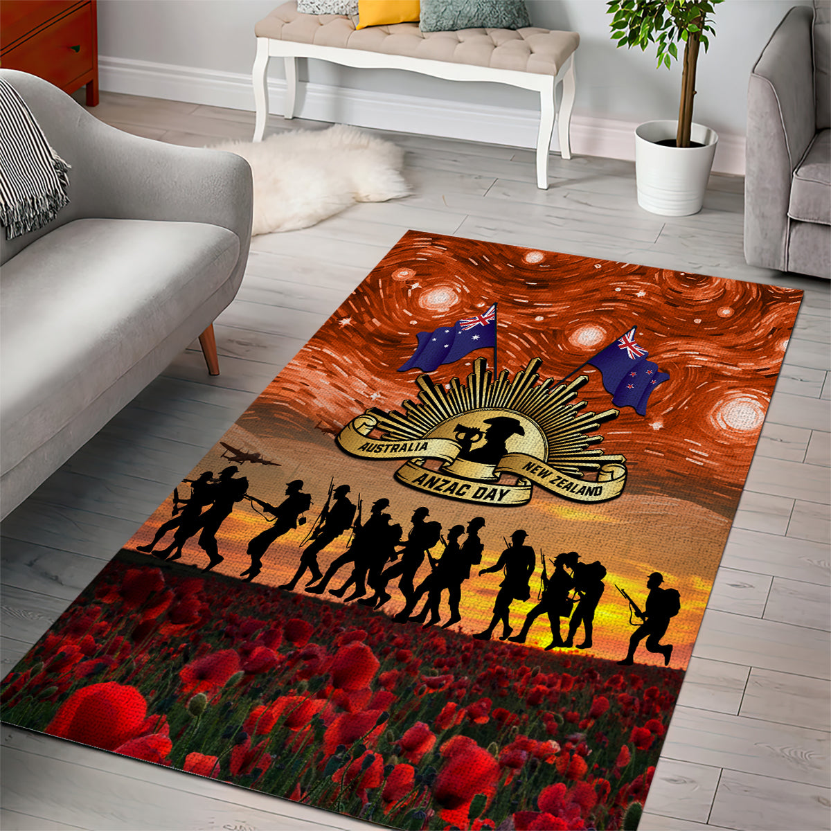 The Rising Sun Badge ANZAC Area Rug Last Post Field of Poppy Starry Night Style - Vibe Hoodie Shop