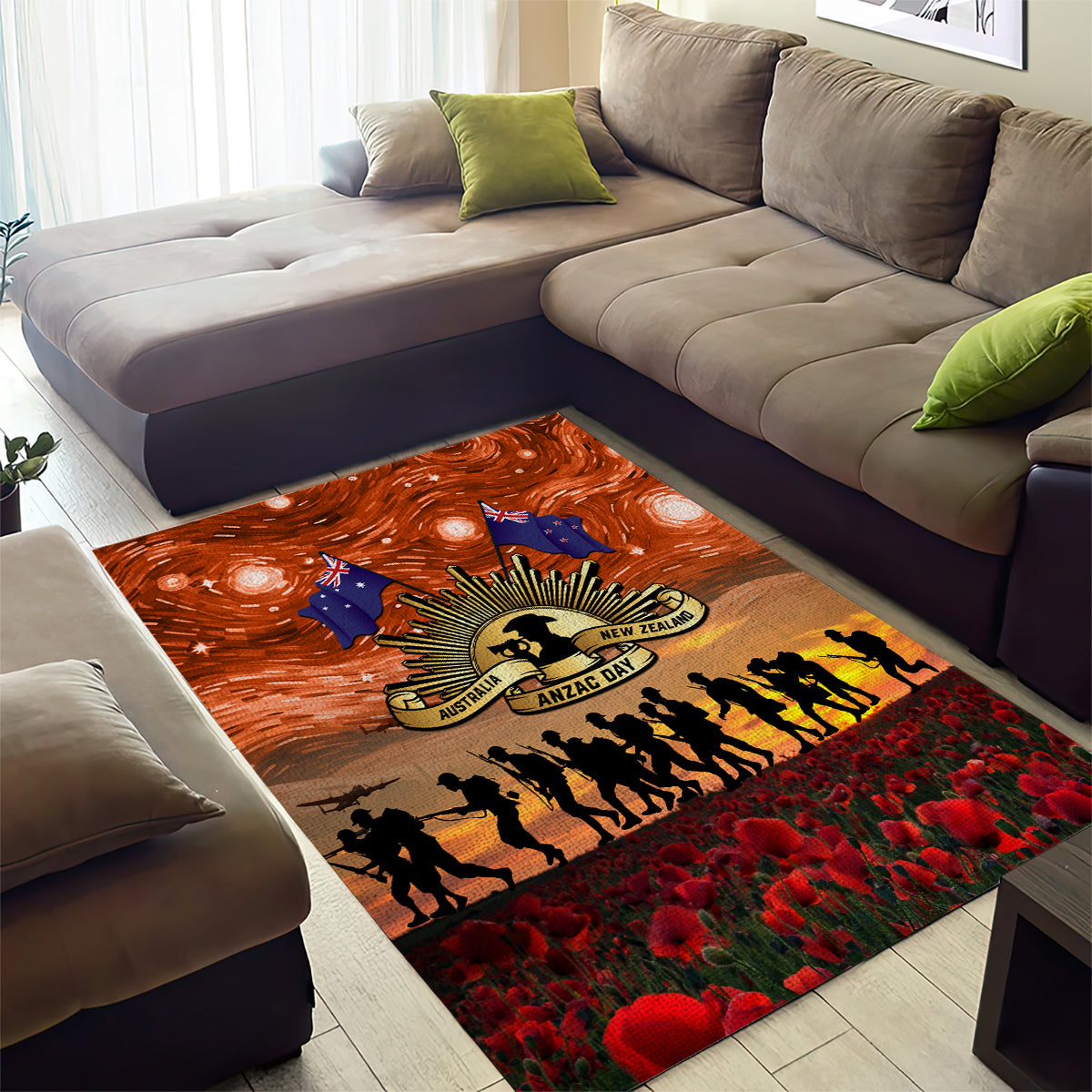 The Rising Sun Badge ANZAC Area Rug Last Post Field of Poppy Starry Night Style - Vibe Hoodie Shop