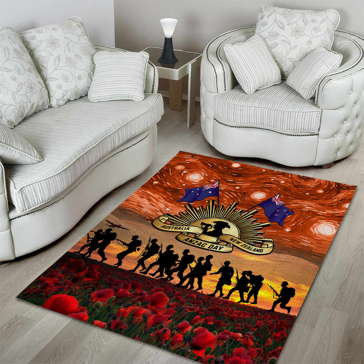 The Rising Sun Badge ANZAC Area Rug Last Post Field of Poppy Starry Night Style - Vibe Hoodie Shop