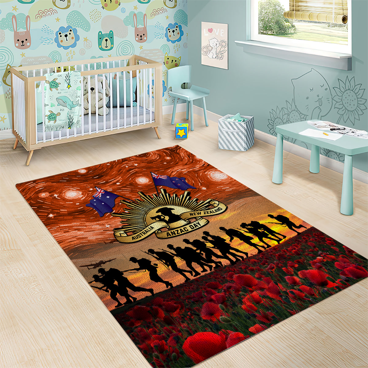 The Rising Sun Badge ANZAC Area Rug Last Post Field of Poppy Starry Night Style - Vibe Hoodie Shop