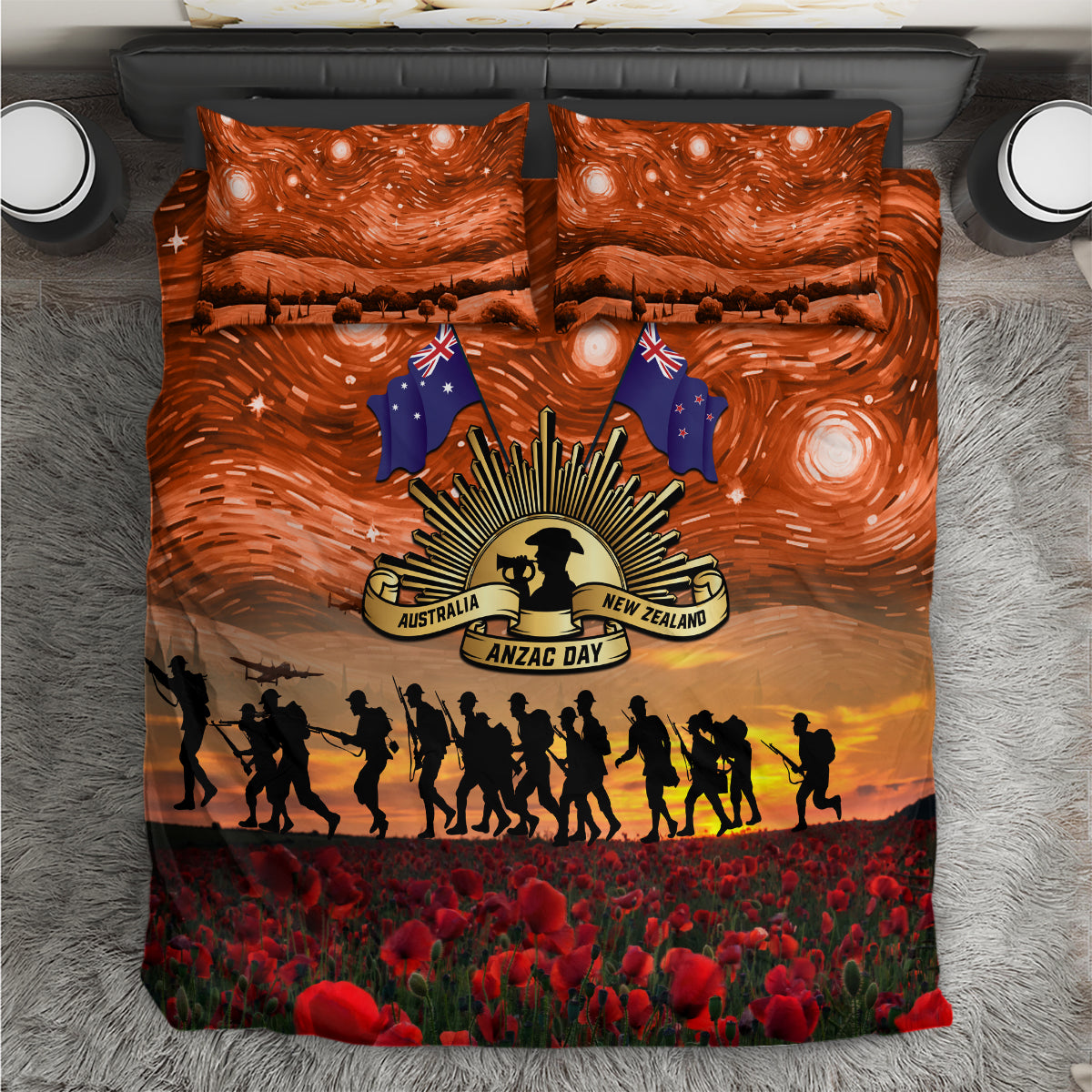 The Rising Sun Badge ANZAC Bedding Set Last Post Field of Poppy Starry Night Style - Vibe Hoodie Shop