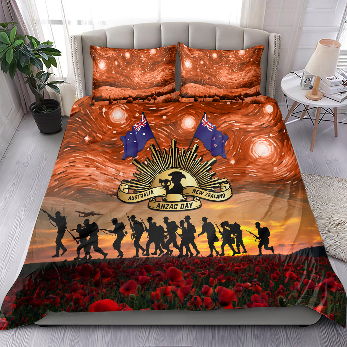 The Rising Sun Badge ANZAC Bedding Set Last Post Field of Poppy Starry Night Style - Vibe Hoodie Shop
