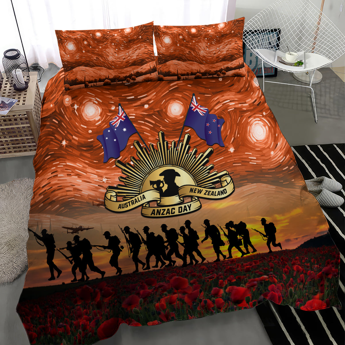 The Rising Sun Badge ANZAC Bedding Set Last Post Field of Poppy Starry Night Style - Vibe Hoodie Shop