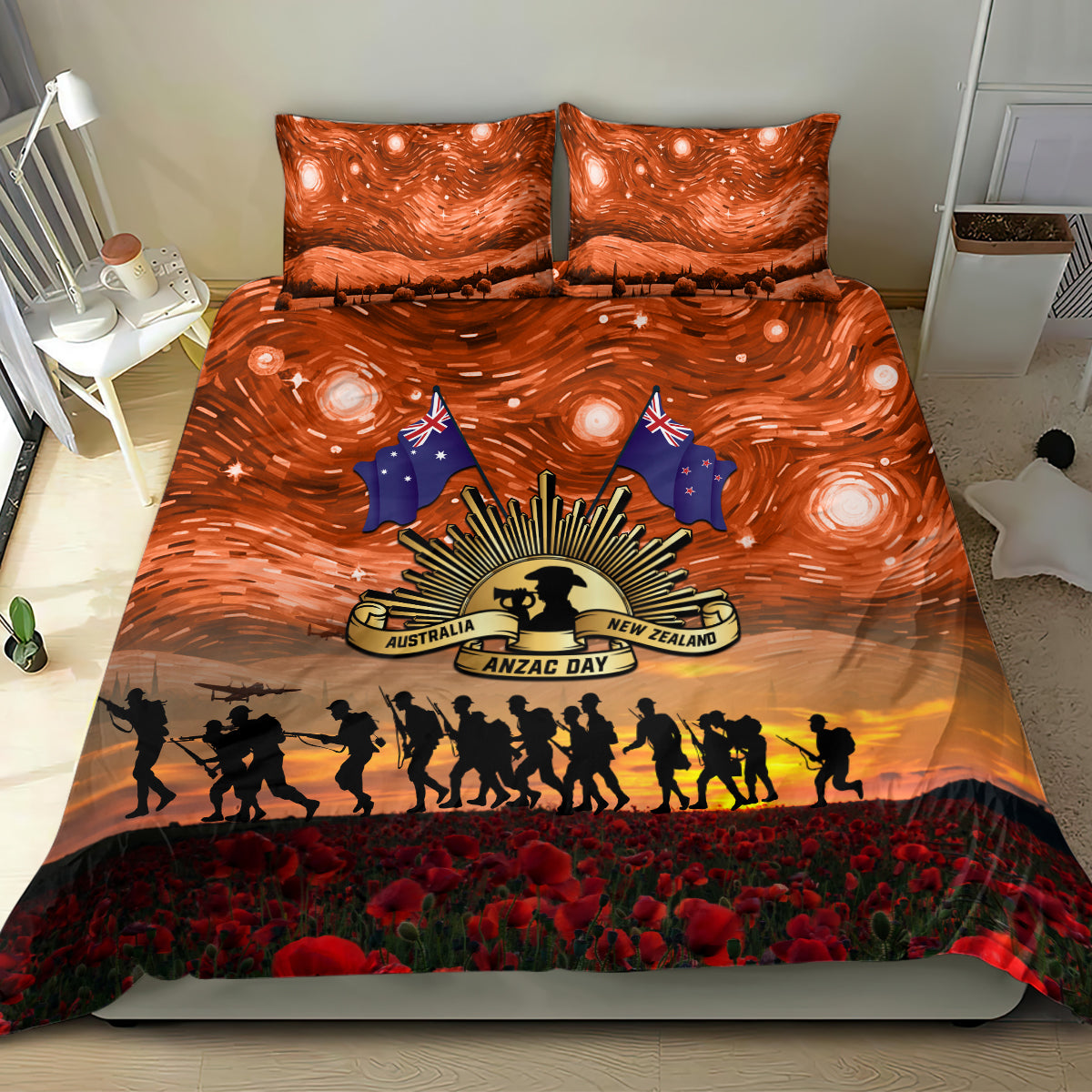 The Rising Sun Badge ANZAC Bedding Set Last Post Field of Poppy Starry Night Style - Vibe Hoodie Shop