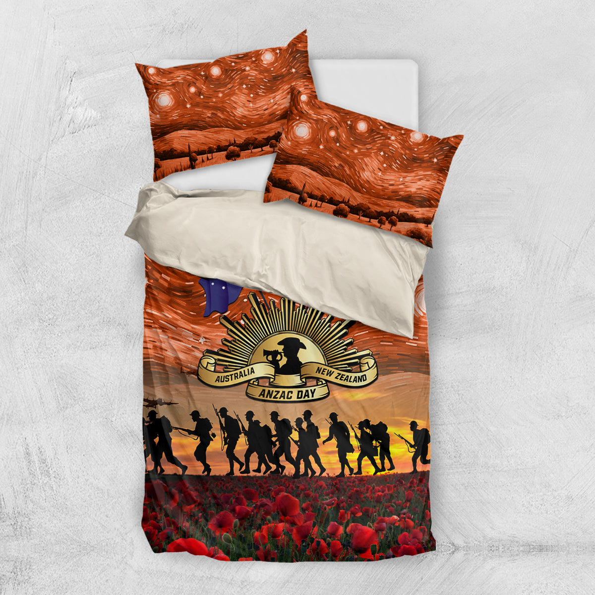 The Rising Sun Badge ANZAC Bedding Set Last Post Field of Poppy Starry Night Style - Vibe Hoodie Shop