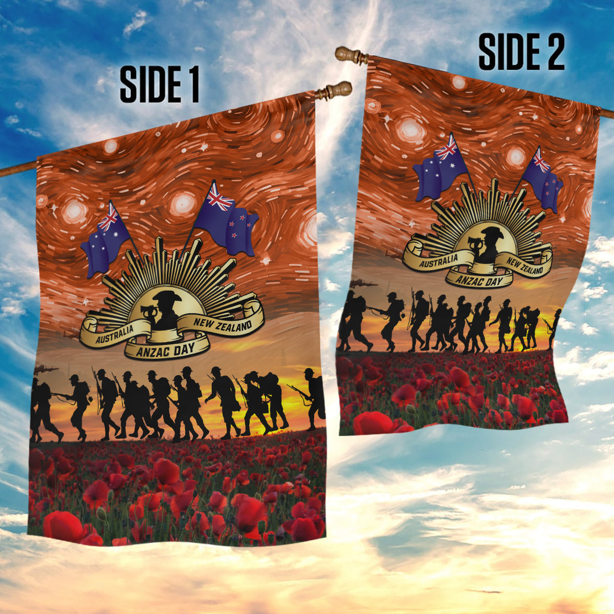 The Rising Sun Badge ANZAC Garden Flag Last Post Field of Poppy Starry Night Style - Vibe Hoodie Shop