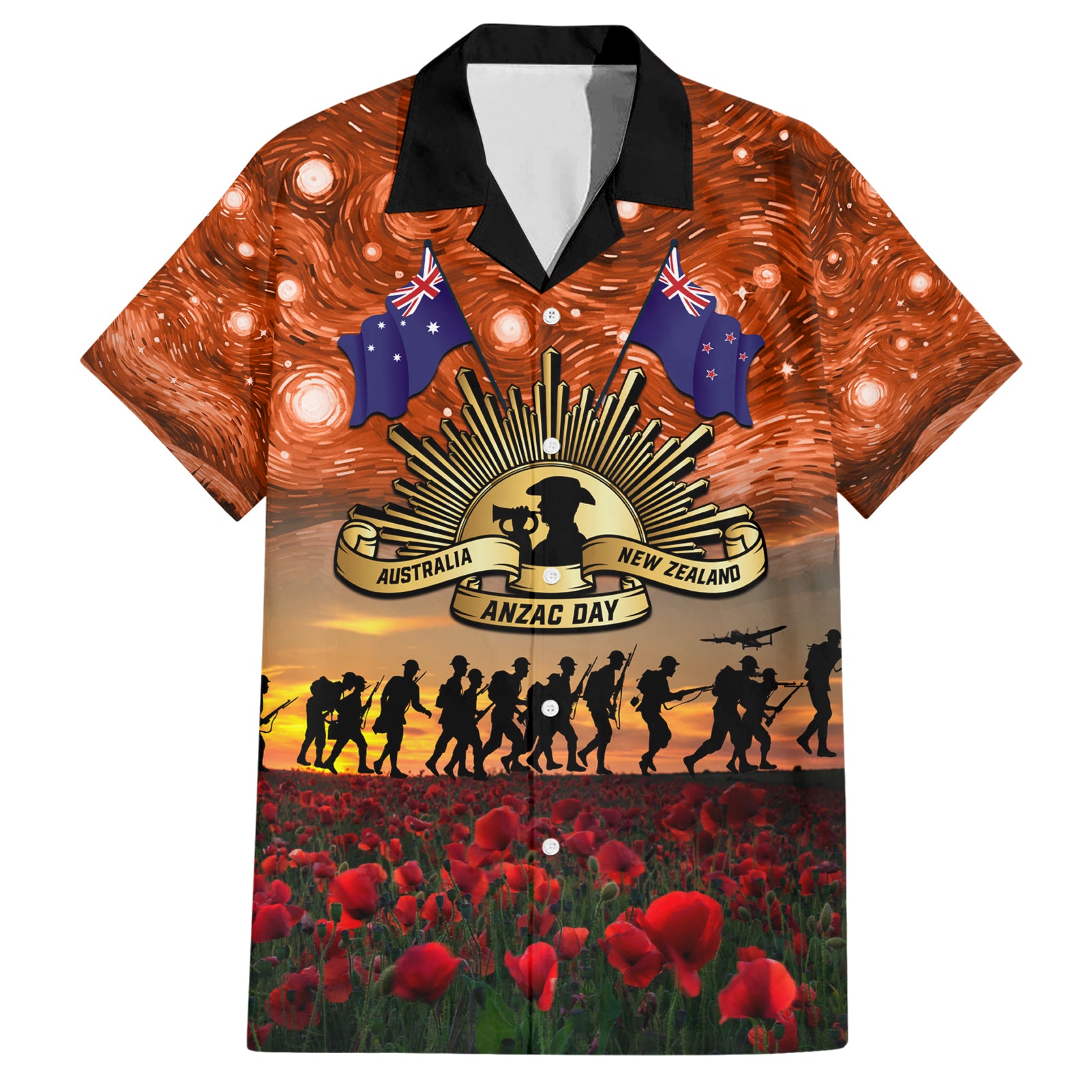 The Rising Sun Badge ANZAC Hawaiian Shirt Last Post Field of Poppy Starry Night Style - Vibe Hoodie Shop