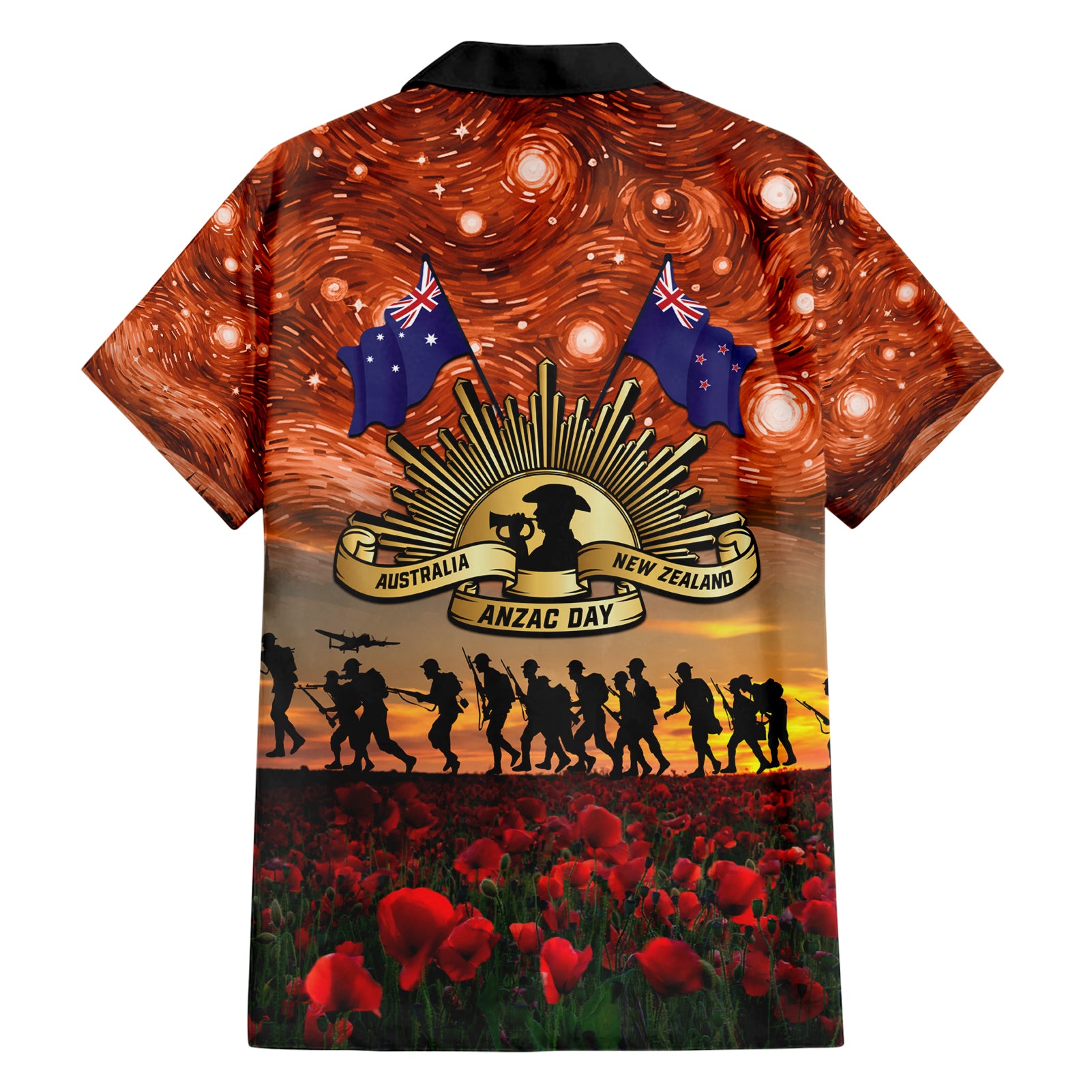 The Rising Sun Badge ANZAC Hawaiian Shirt Last Post Field of Poppy Starry Night Style - Vibe Hoodie Shop