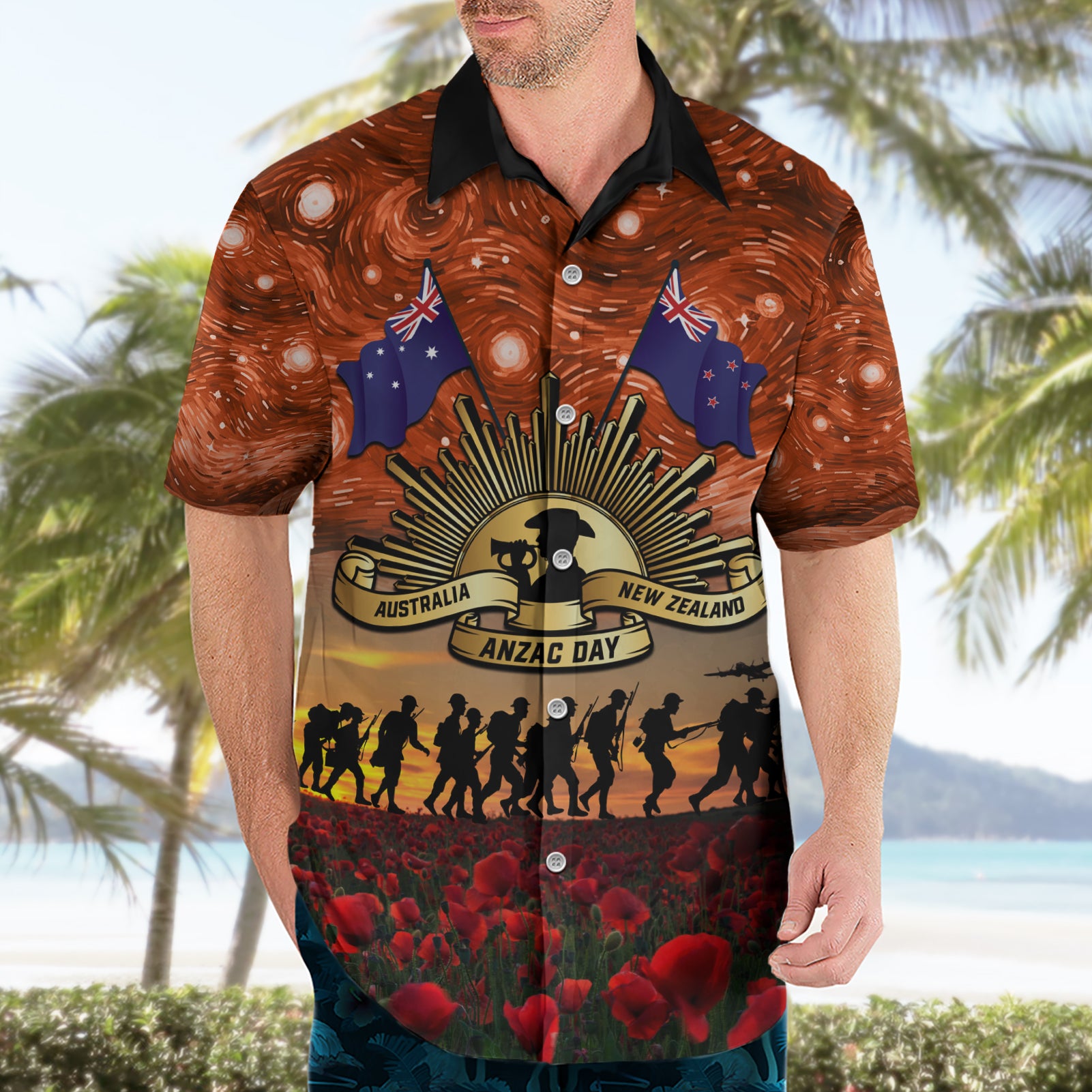 The Rising Sun Badge ANZAC Hawaiian Shirt Last Post Field of Poppy Starry Night Style - Vibe Hoodie Shop