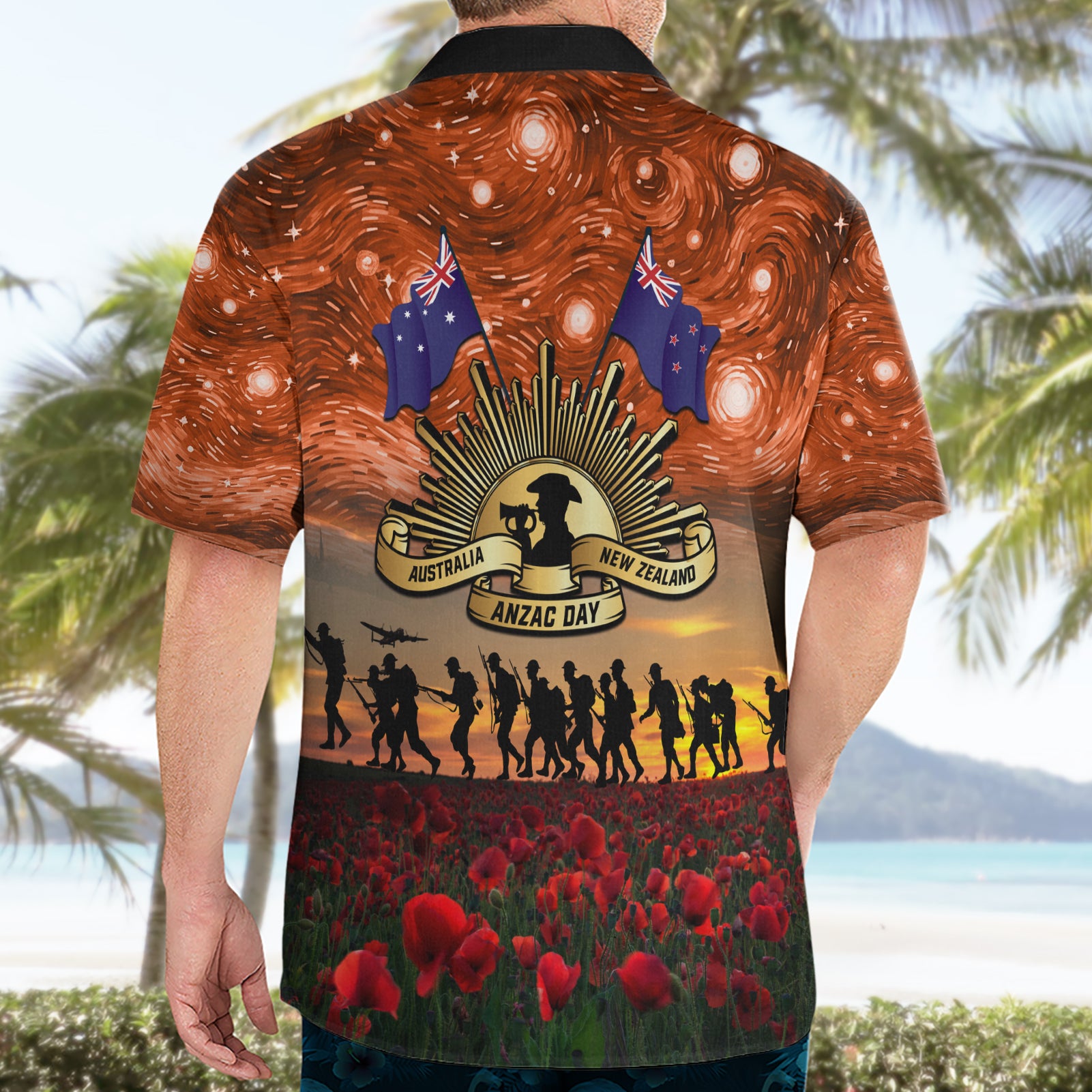 The Rising Sun Badge ANZAC Hawaiian Shirt Last Post Field of Poppy Starry Night Style - Vibe Hoodie Shop