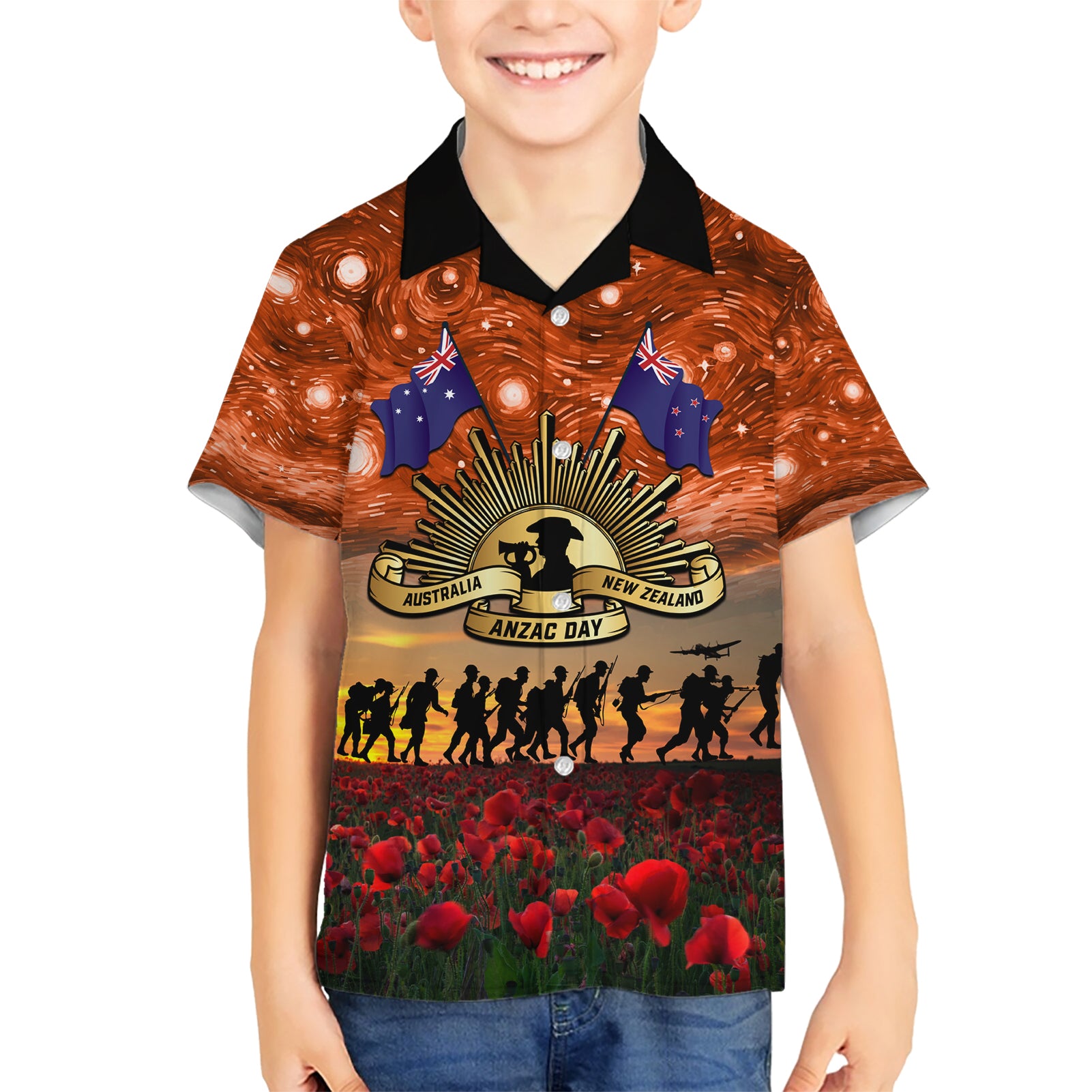 The Rising Sun Badge ANZAC Hawaiian Shirt Last Post Field of Poppy Starry Night Style - Vibe Hoodie Shop