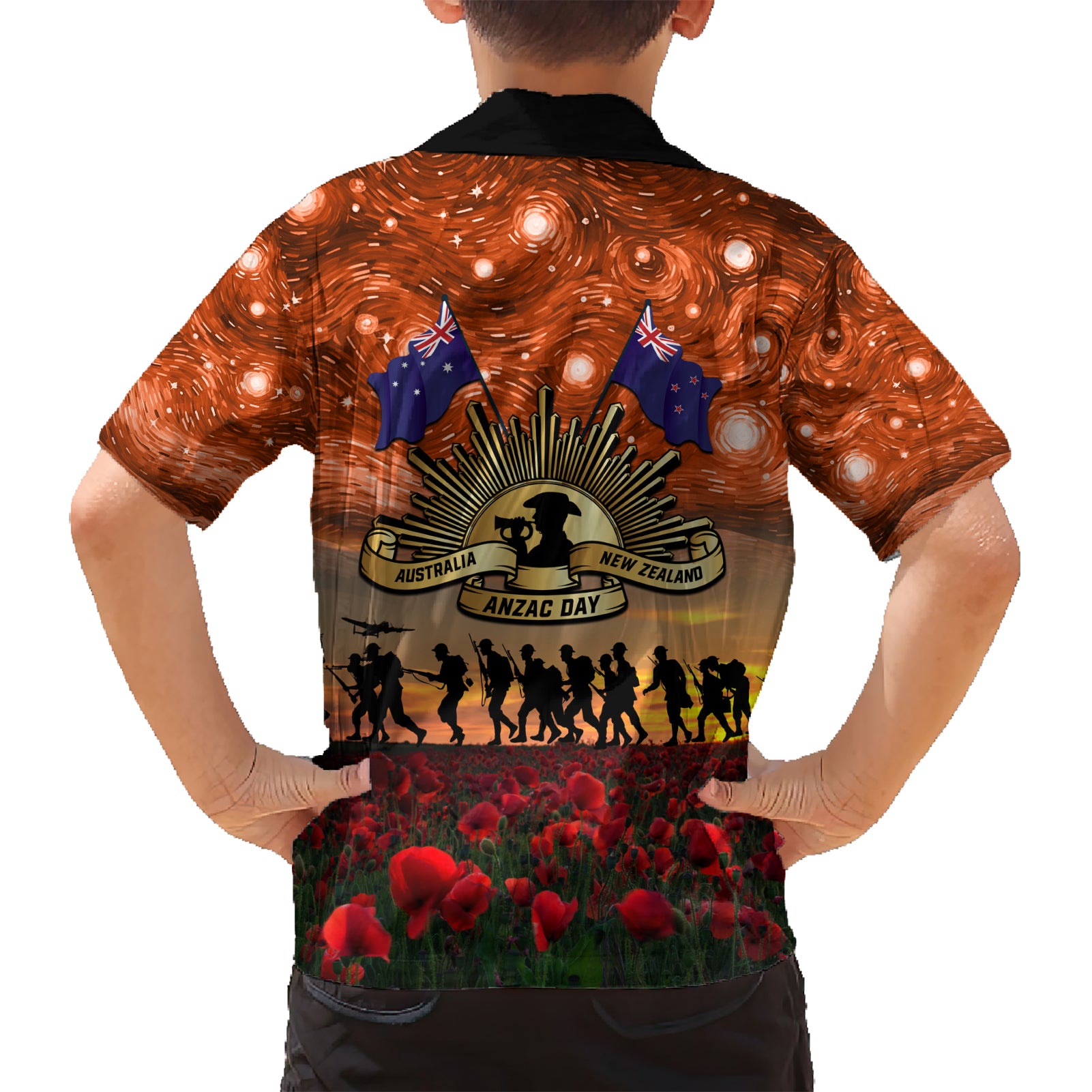 The Rising Sun Badge ANZAC Hawaiian Shirt Last Post Field of Poppy Starry Night Style - Vibe Hoodie Shop