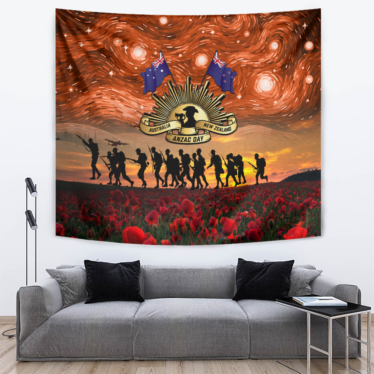 The Rising Sun Badge ANZAC Tapestry Last Post Field of Poppy Starry Night Style - Vibe Hoodie Shop