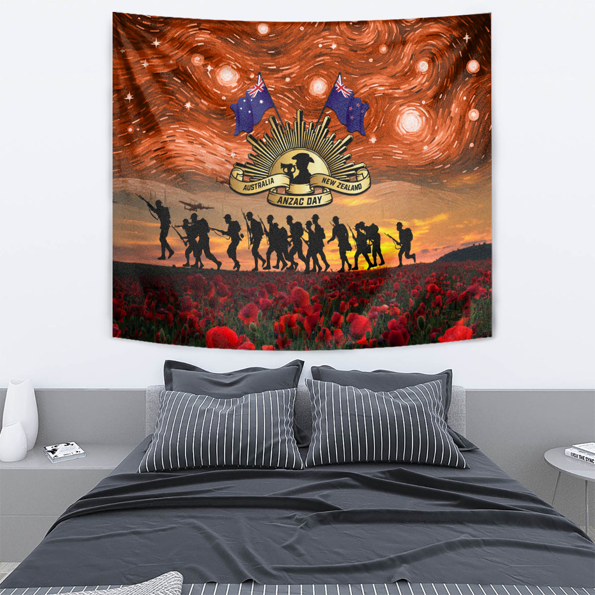 The Rising Sun Badge ANZAC Tapestry Last Post Field of Poppy Starry Night Style - Vibe Hoodie Shop