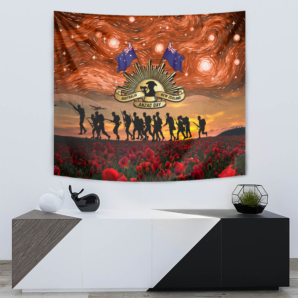 The Rising Sun Badge ANZAC Tapestry Last Post Field of Poppy Starry Night Style - Vibe Hoodie Shop