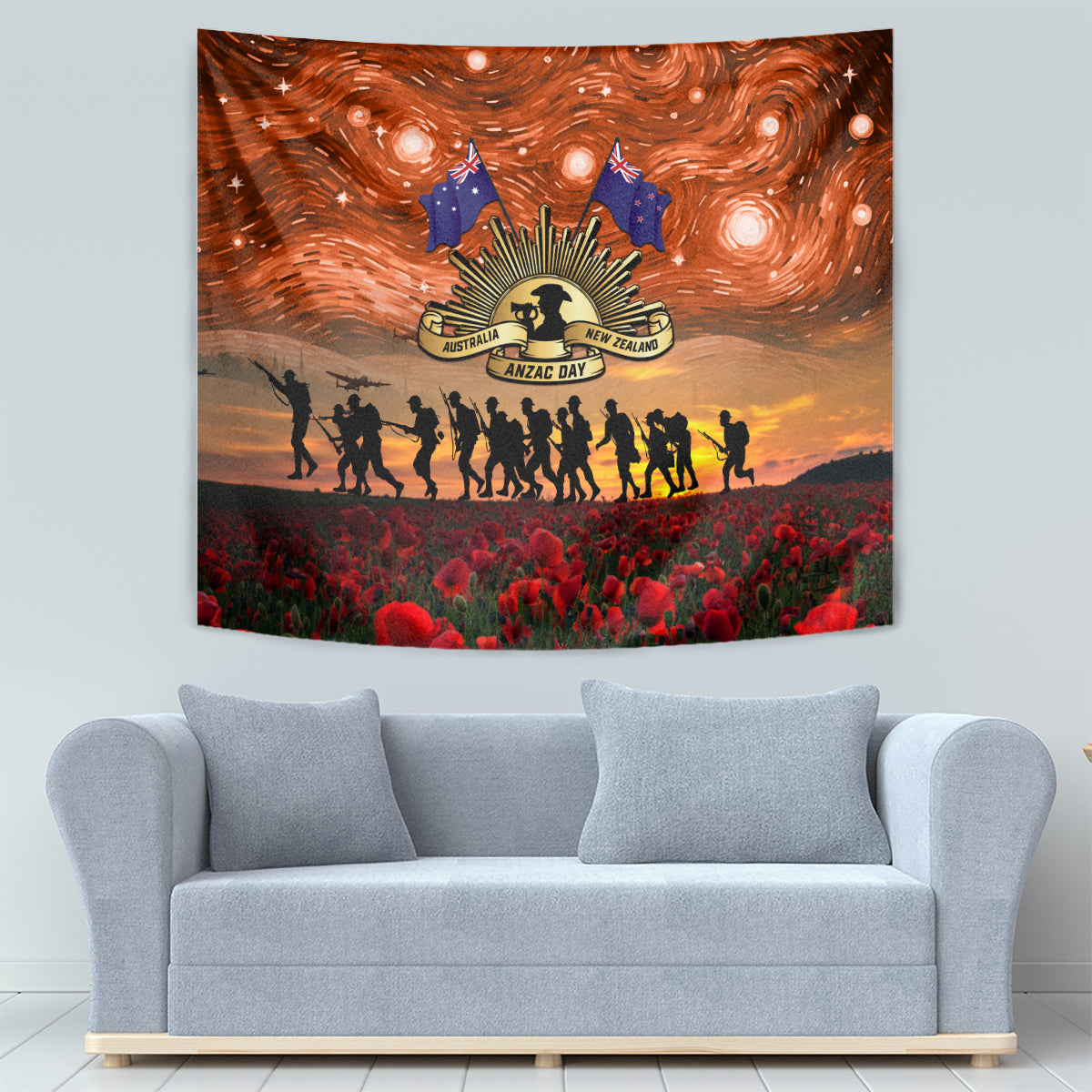 The Rising Sun Badge ANZAC Tapestry Last Post Field of Poppy Starry Night Style - Vibe Hoodie Shop