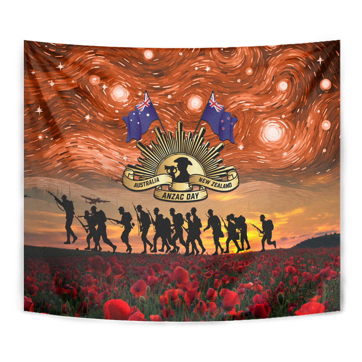 The Rising Sun Badge ANZAC Tapestry Last Post Field of Poppy Starry Night Style - Vibe Hoodie Shop