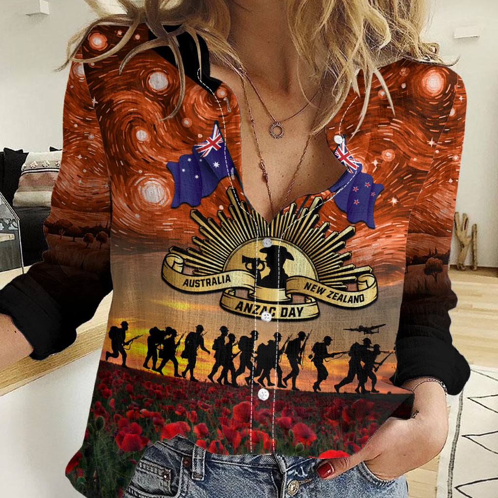 The Rising Sun Badge ANZAC Women Casual Shirt Last Post Field of Poppy Starry Night Style - Vibe Hoodie Shop
