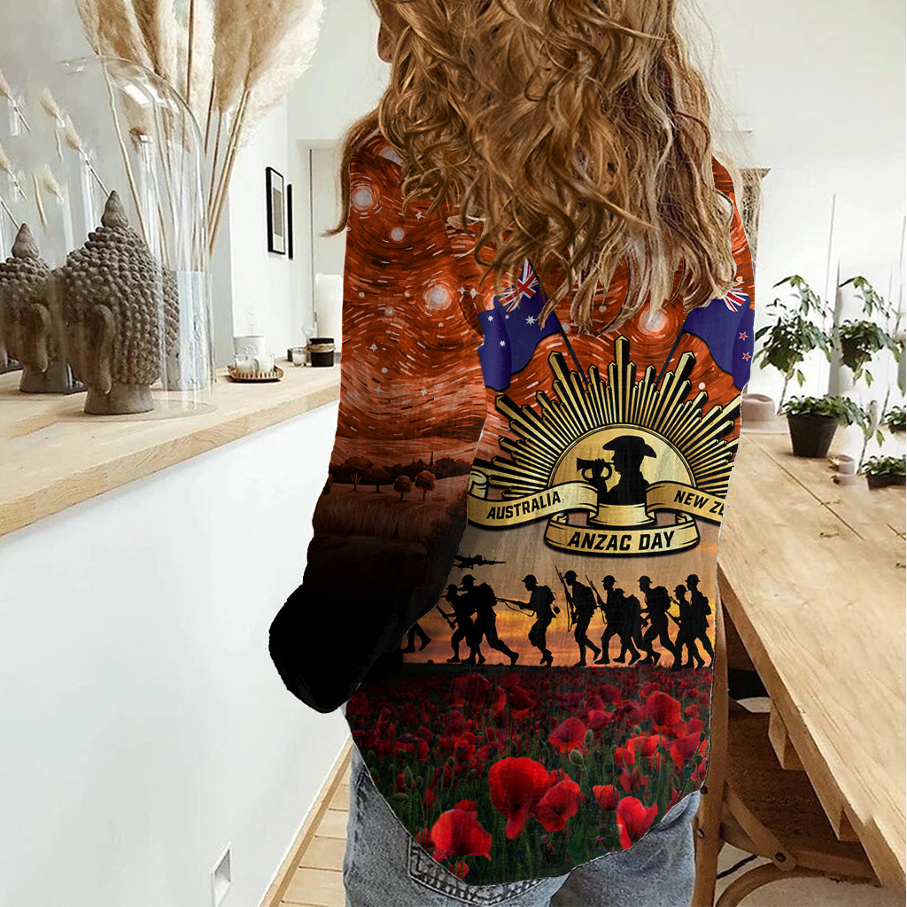 The Rising Sun Badge ANZAC Women Casual Shirt Last Post Field of Poppy Starry Night Style - Vibe Hoodie Shop