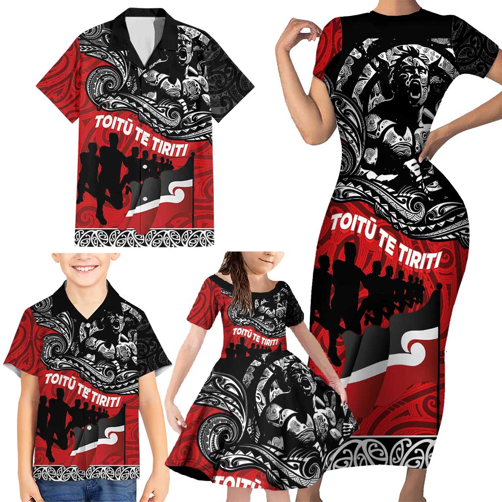 Aotearoa Toitu Te Tiriti Family Matching Short Sleeve Bodycon Dress and Hawaiian Shirt Honoring Te Tiriti o Waitangi Maori Haka