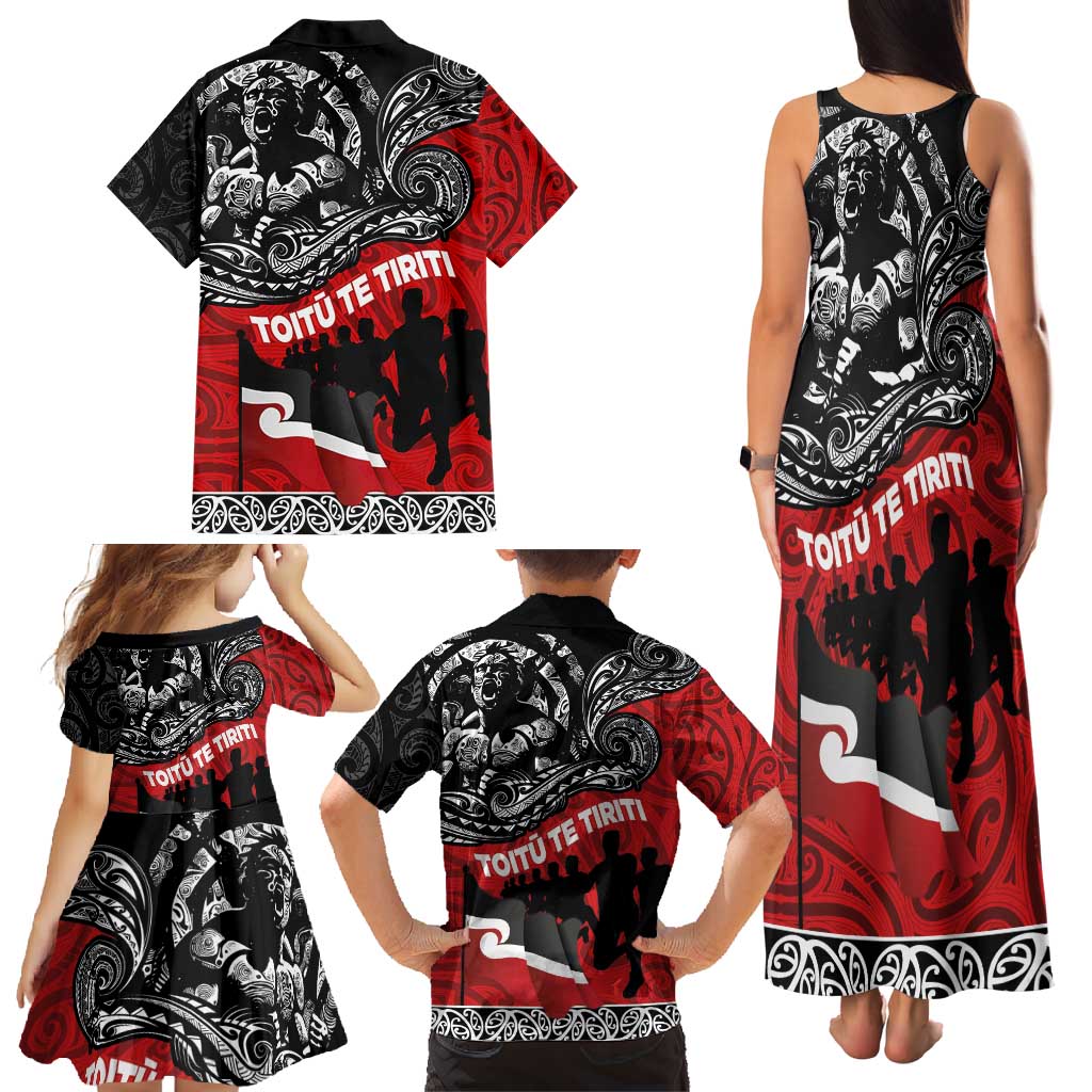 Aotearoa Toitu Te Tiriti Family Matching Tank Maxi Dress and Hawaiian Shirt Honoring Te Tiriti o Waitangi Maori Haka