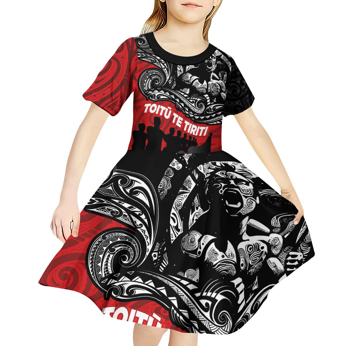 Aotearoa Toitu Te Tiriti Kid Short Sleeve Dress Honoring Te Tiriti o Waitangi Maori Haka - Vibe Hoodie Shop
