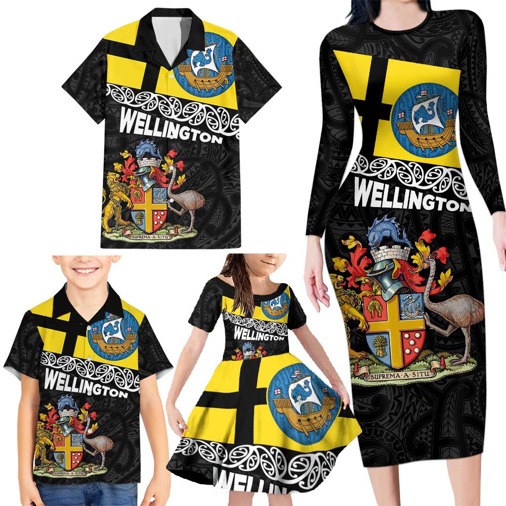 New Zealand Wellington Family Matching Long Sleeve Bodycon Dress and Hawaiian Shirt The Capital's Emblems Flag and Koru Art