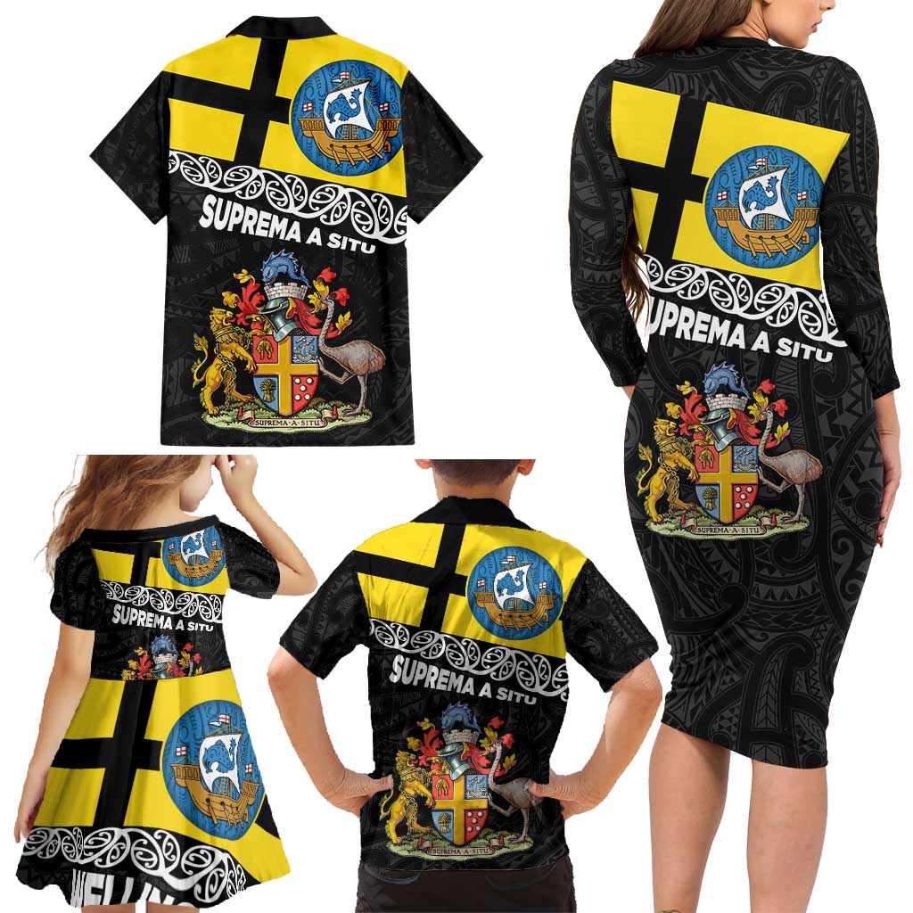 New Zealand Wellington Family Matching Long Sleeve Bodycon Dress and Hawaiian Shirt The Capital's Emblems Flag and Koru Art