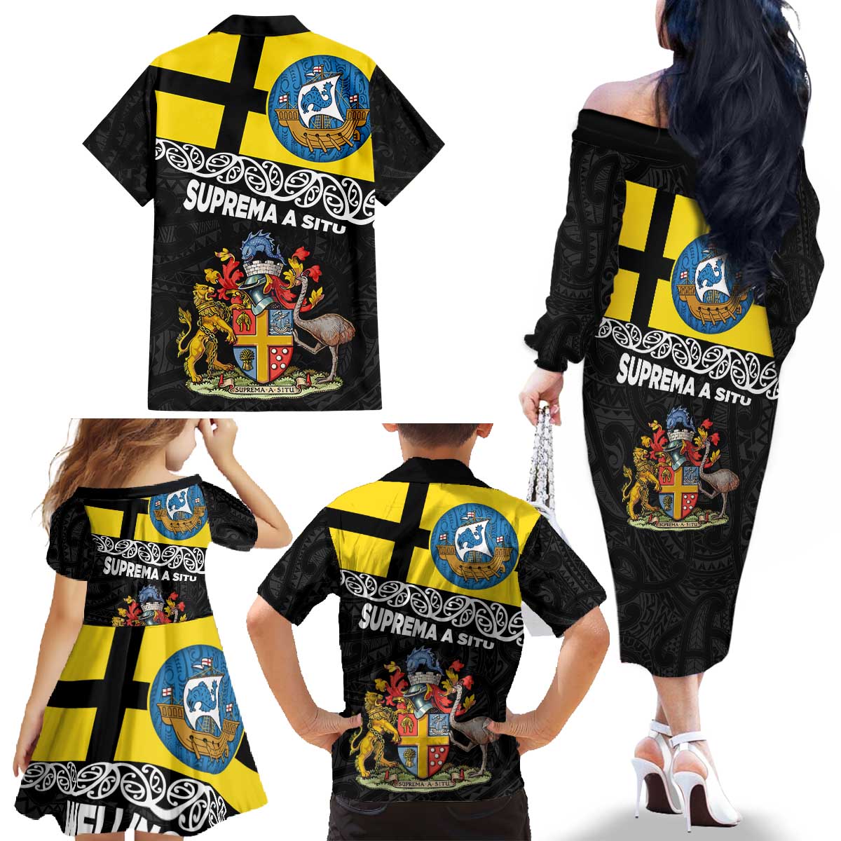 New Zealand Wellington Family Matching Off The Shoulder Long Sleeve Dress and Hawaiian Shirt The Capital's Emblems Flag and Koru Art