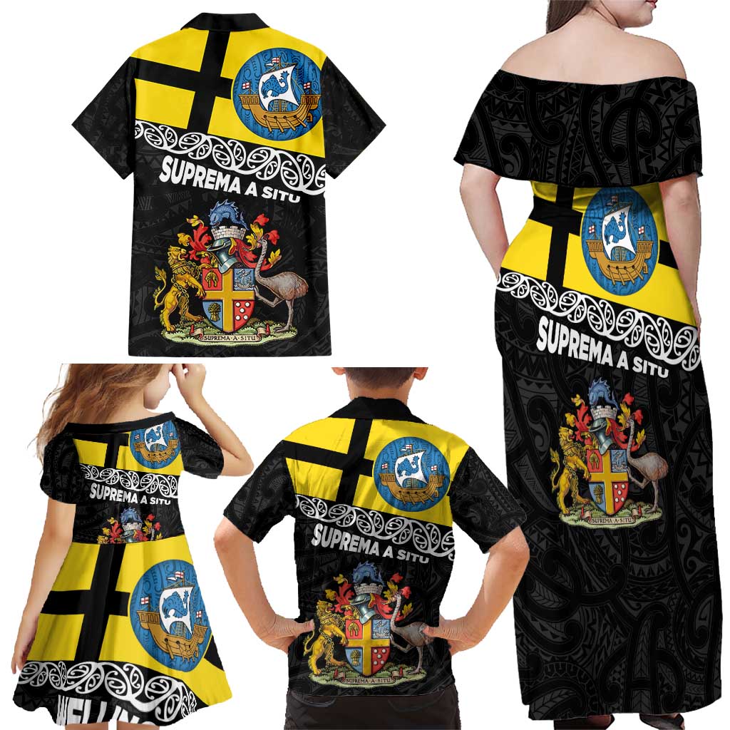 New Zealand Wellington Family Matching Off Shoulder Maxi Dress and Hawaiian Shirt The Capital's Emblems Flag and Koru Art