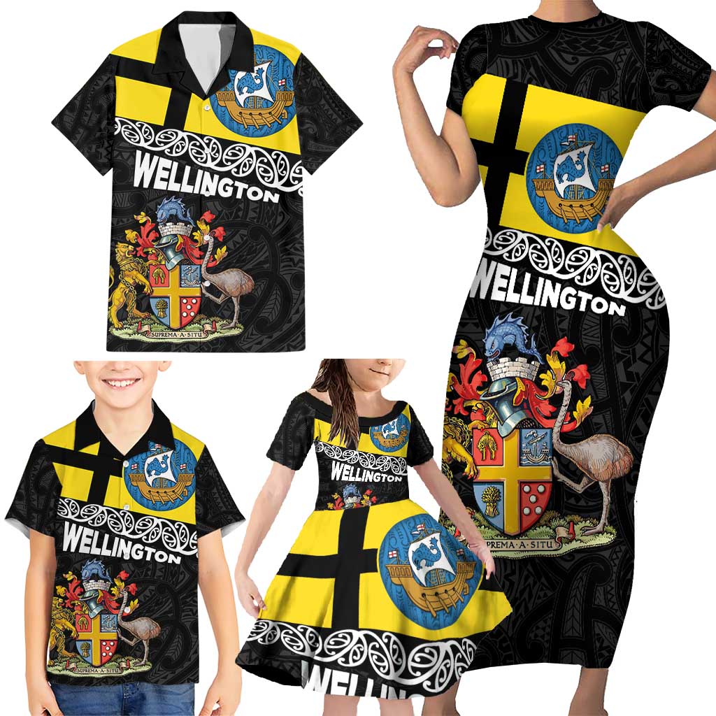 New Zealand Wellington Family Matching Short Sleeve Bodycon Dress and Hawaiian Shirt The Capital's Emblems Flag and Koru Art