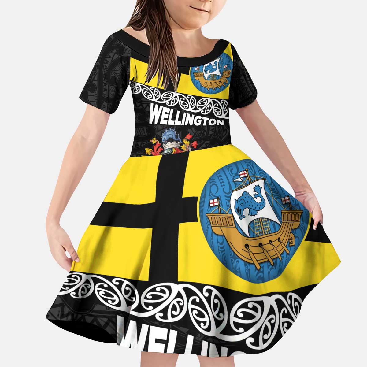 New Zealand Wellington Kid Short Sleeve Dress The Capital's Emblems Flag and Koru Art - Vibe Hoodie Shop