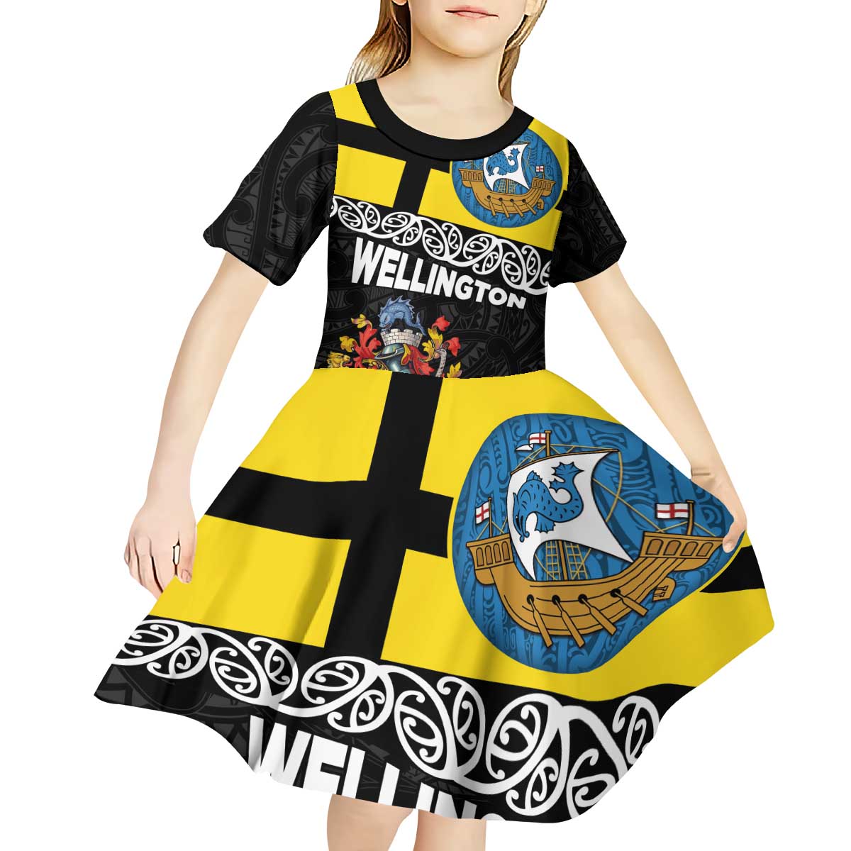 New Zealand Wellington Kid Short Sleeve Dress The Capital's Emblems Flag and Koru Art - Vibe Hoodie Shop