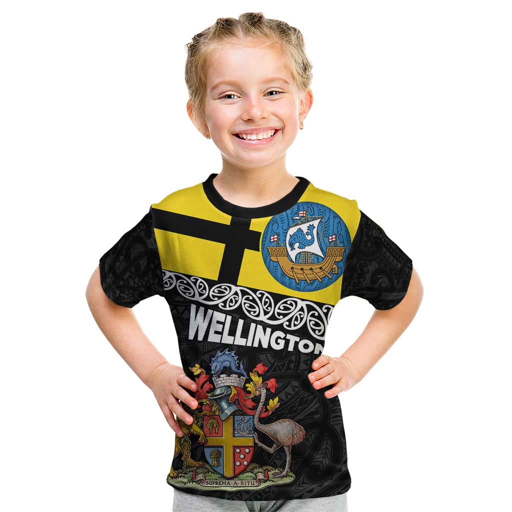 New Zealand Wellington Kid T Shirt The Capital's Emblems Flag and Koru Art - Vibe Hoodie Shop