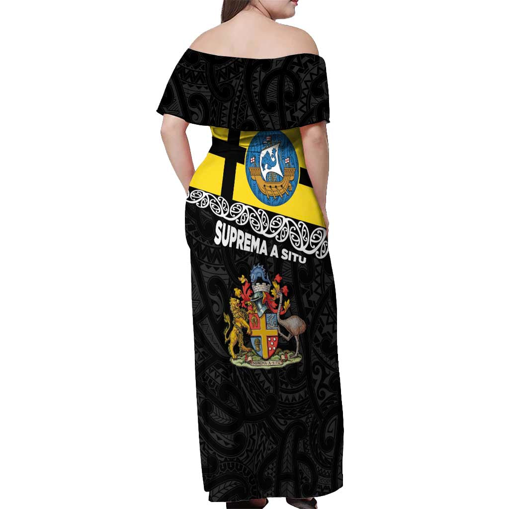 New Zealand Wellington Off Shoulder Maxi Dress The Capital's Emblems Flag and Koru Art