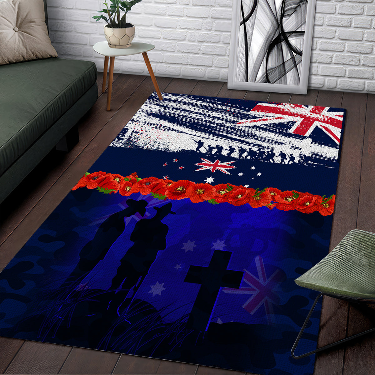 New Zealand and Australia ANZAC Day Area Rug Lest We Forget Red Poppy Flowers and Soldier - Vibe Hoodie Shop