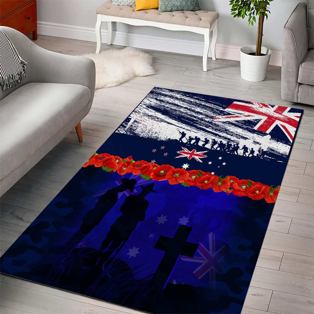 New Zealand and Australia ANZAC Day Area Rug Lest We Forget Red Poppy Flowers and Soldier - Vibe Hoodie Shop