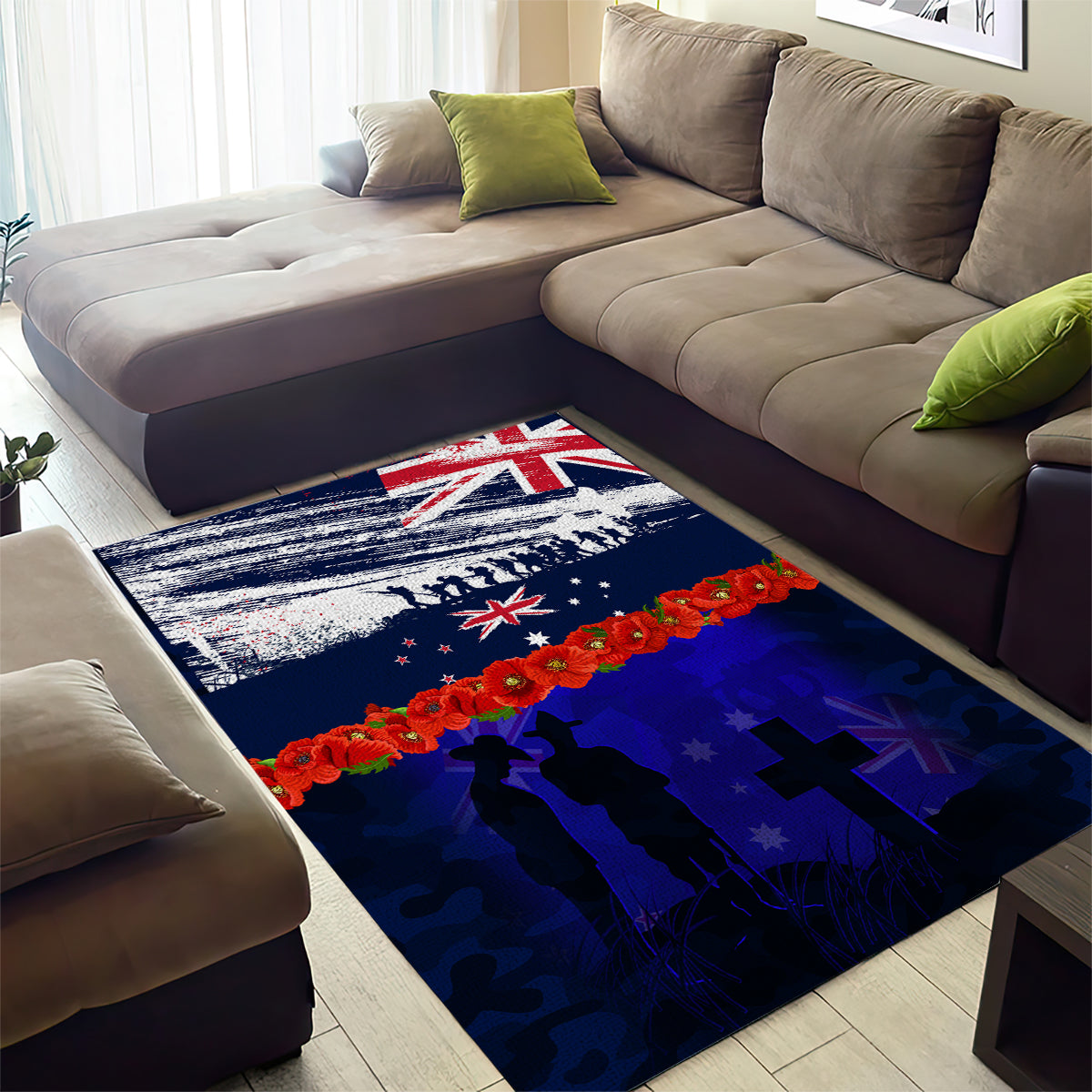 New Zealand and Australia ANZAC Day Area Rug Lest We Forget Red Poppy Flowers and Soldier - Vibe Hoodie Shop