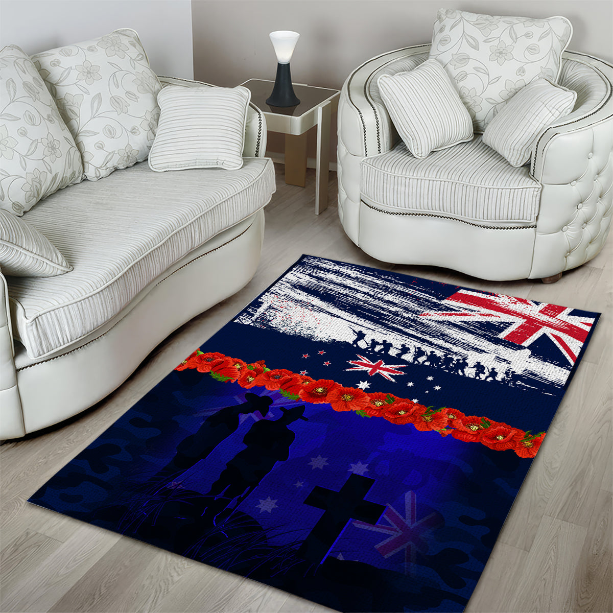 New Zealand and Australia ANZAC Day Area Rug Lest We Forget Red Poppy Flowers and Soldier - Vibe Hoodie Shop