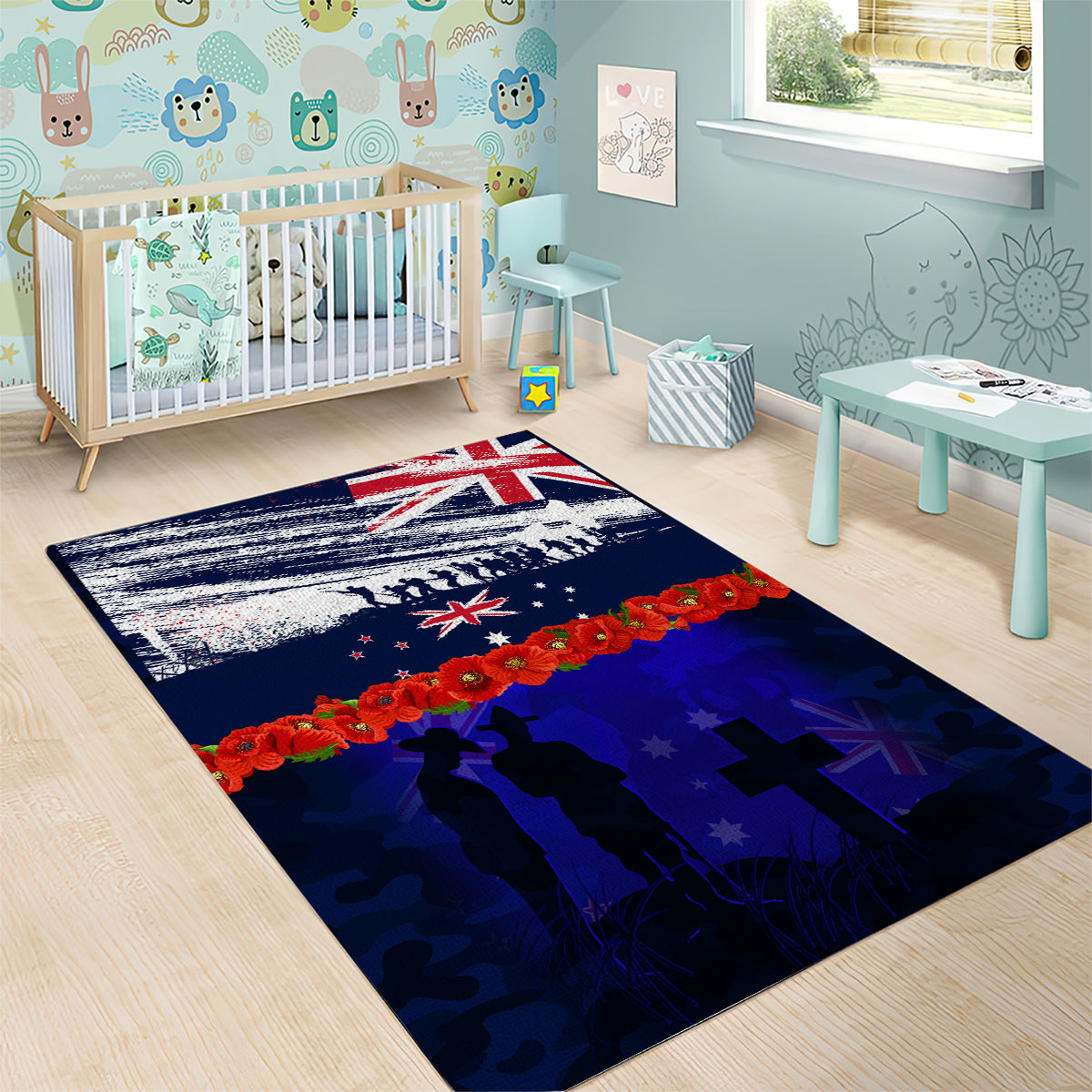 New Zealand and Australia ANZAC Day Area Rug Lest We Forget Red Poppy Flowers and Soldier - Vibe Hoodie Shop