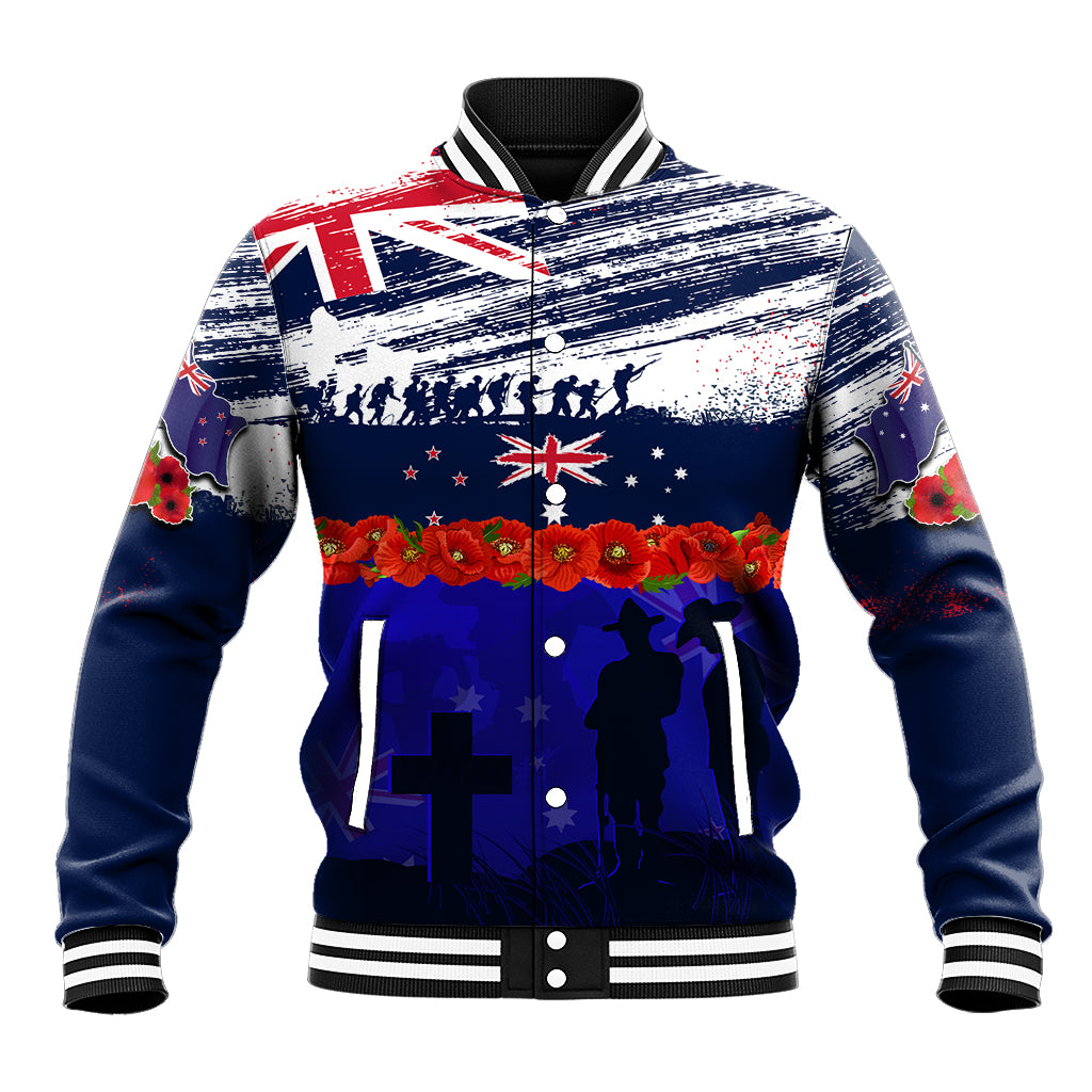 New Zealand and Australia ANZAC Day Baseball Jacket Lest We Forget Red Poppy Flowers and Soldier - Vibe Hoodie Shop