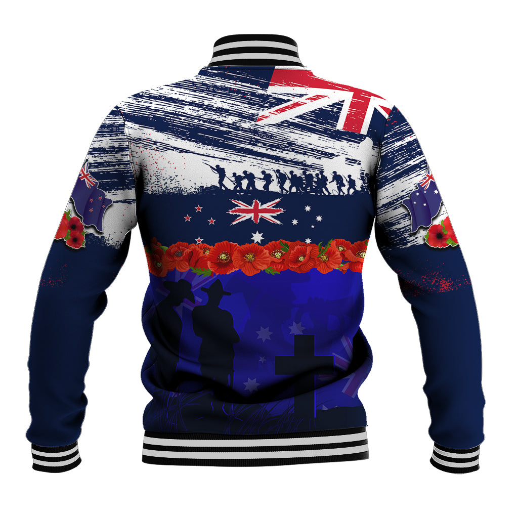 New Zealand and Australia ANZAC Day Baseball Jacket Lest We Forget Red Poppy Flowers and Soldier - Vibe Hoodie Shop
