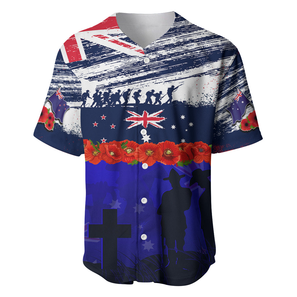 New Zealand and Australia ANZAC Day Baseball Jersey Lest We Forget Red Poppy Flowers and Soldier - Vibe Hoodie Shop