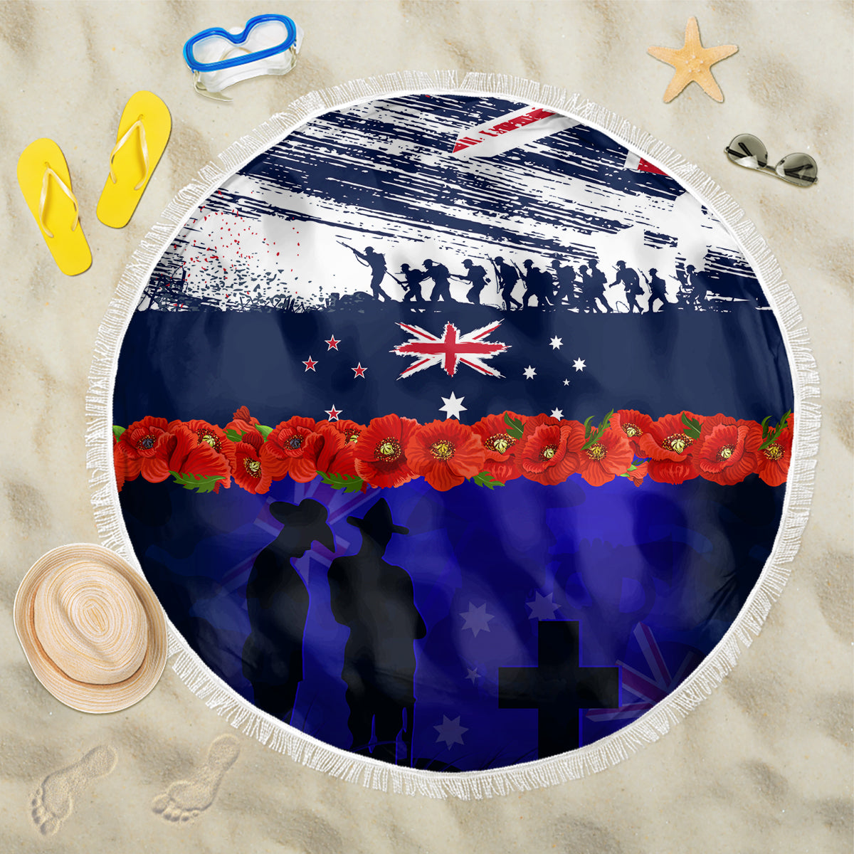New Zealand and Australia ANZAC Day Beach Blanket Lest We Forget Red Poppy Flowers and Soldier