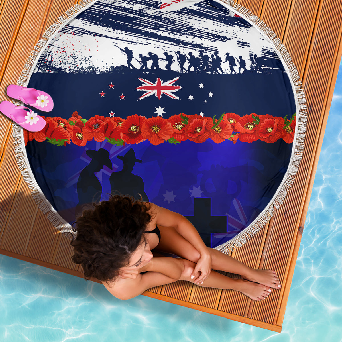 New Zealand and Australia ANZAC Day Beach Blanket Lest We Forget Red Poppy Flowers and Soldier