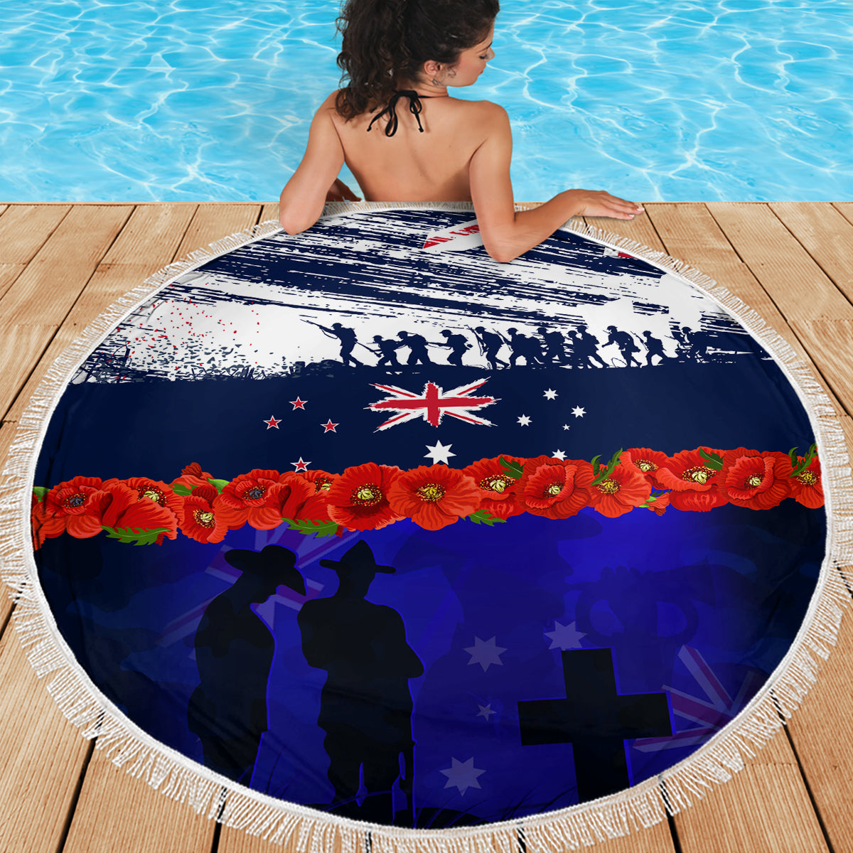 New Zealand and Australia ANZAC Day Beach Blanket Lest We Forget Red Poppy Flowers and Soldier