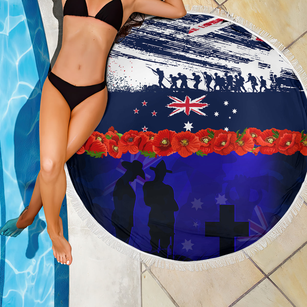 New Zealand and Australia ANZAC Day Beach Blanket Lest We Forget Red Poppy Flowers and Soldier