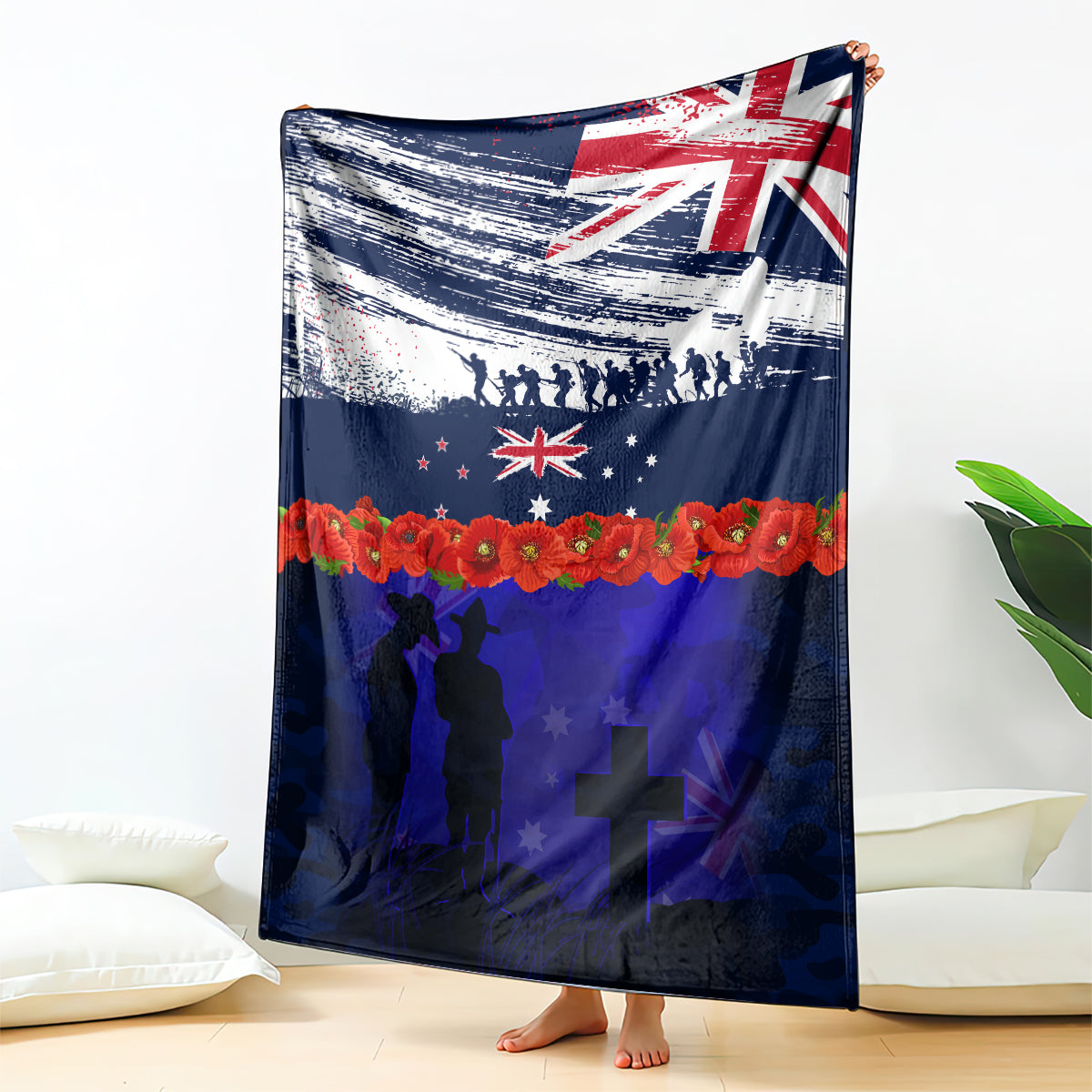 New Zealand and Australia ANZAC Day Blanket Lest We Forget Red Poppy Flowers and Soldier - Vibe Hoodie Shop
